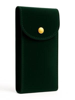 Side profile of green suede watch pouch with gold snap